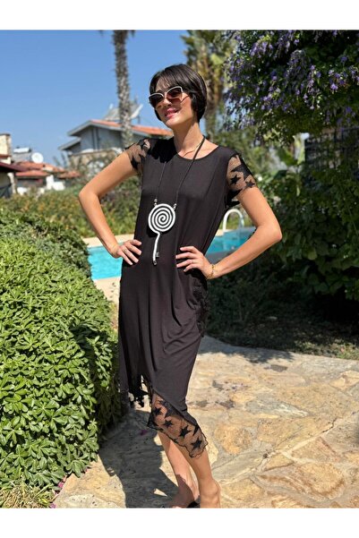 Punta Otantik FTY1001 Dantelli Yarım Kol Turlu Viskon Elbise Siyah
