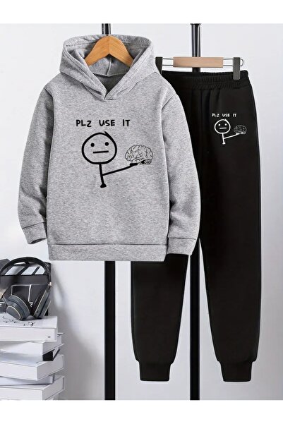 Cevval Children's Printed Hooded Sweatshirt and Sweatpants Set 3 Thread Raster for Autumn/Winter