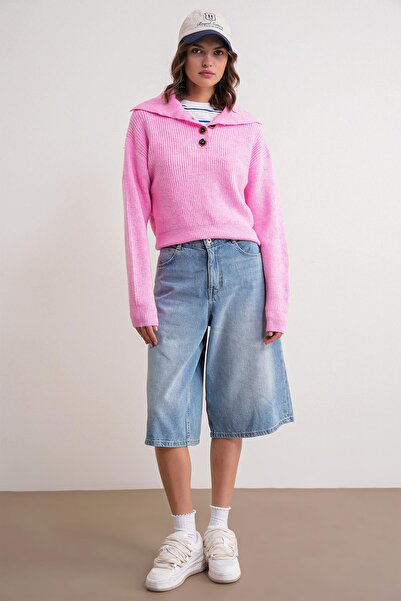 Mixray 6900 Women's Buttoned Turn-Down Collar Knit Sweater Pink