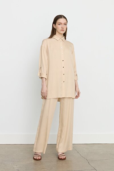 Nihan Tencel Pantolon Tunik Tencel Karışım Takım Bej