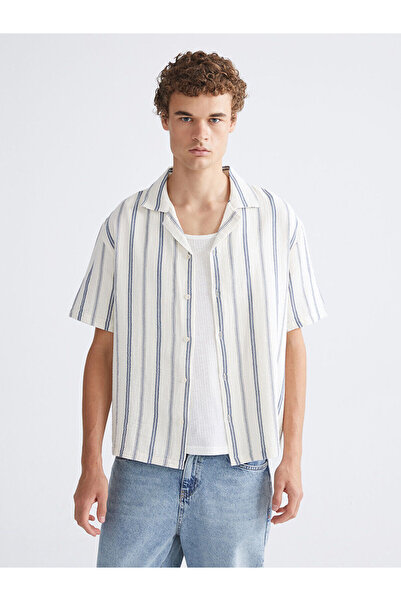 LC Waikiki Nevavm Regular Fit Resort Collar Striped Muslin Men's Shirt with a...