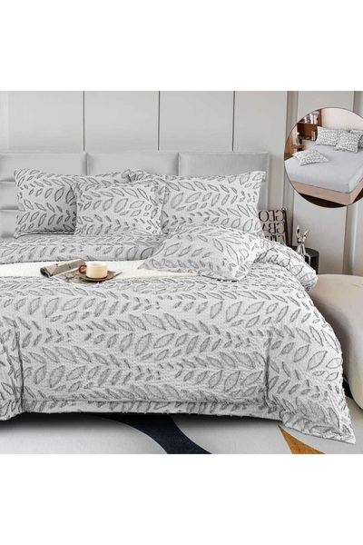OEM Premium Embossed Bed Linen, 2 persons, 6 pieces, with elastic, gray, leaves, LFG112