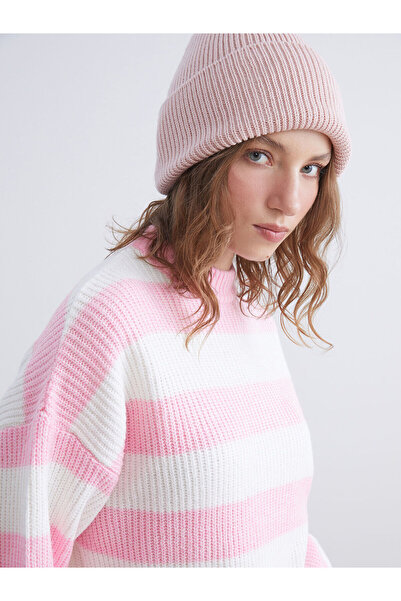 LC Waikiki XSIDE Ροζ Πλεκτό Πουλόβερ με λαιμόκοψη με ρίγες oversized για γυναίκες