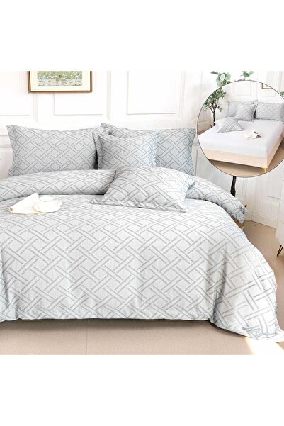OEM Premium Embossed Bed Linen, 2 persons, 6 pieces, with elastic, gray, lines, LFG108