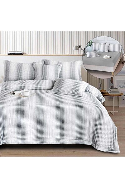 OEM Premium Embossed Bed Linen, 2 people, 6 pieces, with elastic, gray and white, LFG102