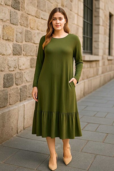 Şans Women's Plus Size Khaki, Crew Neck, Hem Folded, Pocketed Viscose Dress 65N39153