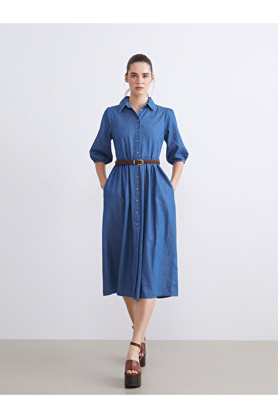 LC Waikiki LCW Vision Indigo Gömlek Yaka Balon Kollu Kemerli Jean Elbise