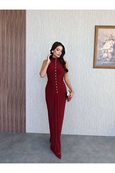 ESRAHELVACI Yan Büzgü Düğme Detaylı Uzun Elbise