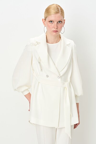 Nihan Taş Detaylı Pantolon Ceket Takım Ekru