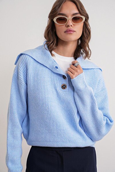 Mixray 6900 Women's Buttoned Turn-Down Collar Knit Sweater Baby Blue