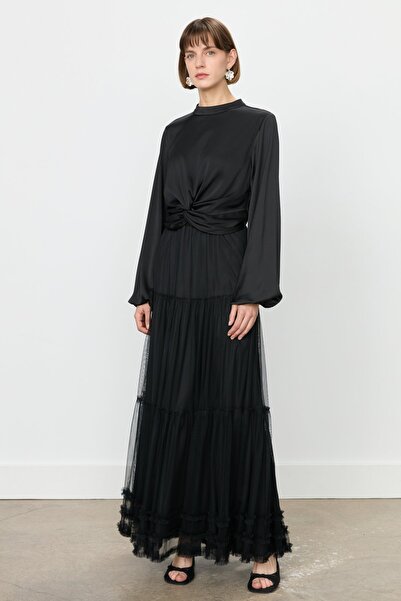 Nihan Jakarlı Şık Etek Bluz Tül Takım Siyah