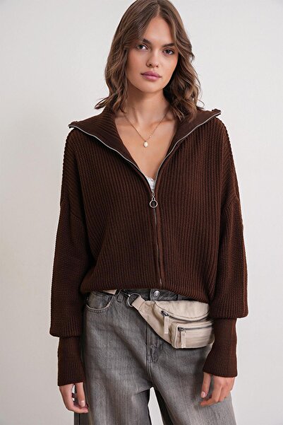 Mixray 6919 Women's Zippered Turtleneck Knit Cardigan Brown