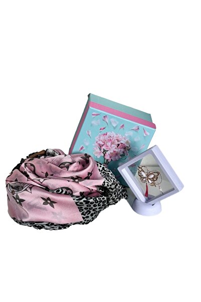 velve Pachet cadou femei ForYou, brosa fluture si esarfa din matase 180x80 cm, in cutie eleganta