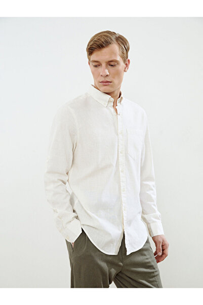 LC Waikiki Ανδρικό πουκάμισο με μακρύ μανίκι σε μπεζ χρώμα, μείγμα λινό