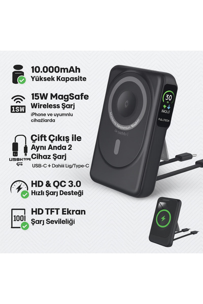 Brawi 10000mAh Kablosuz MagSafe Powerbank | 15W Hızlı Şarj Dahili Lightning+Type-C kablo STAND mag safe