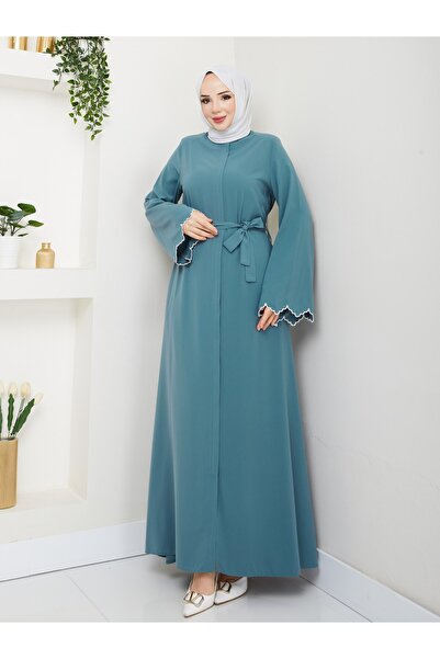 MUDUTEKSTİL Gizli Fermuarlı Biye Detaylı Ferace Mint