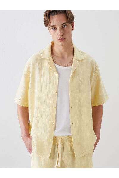 LC Waikiki Nevavm Resort Collar Short Sleeve Muslin Men's Shirt with a Differ...