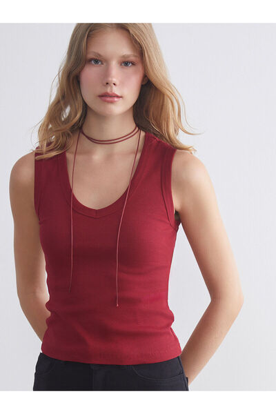 LC Waikiki Burgundy V-Neck Ribbed Women's Tank Top