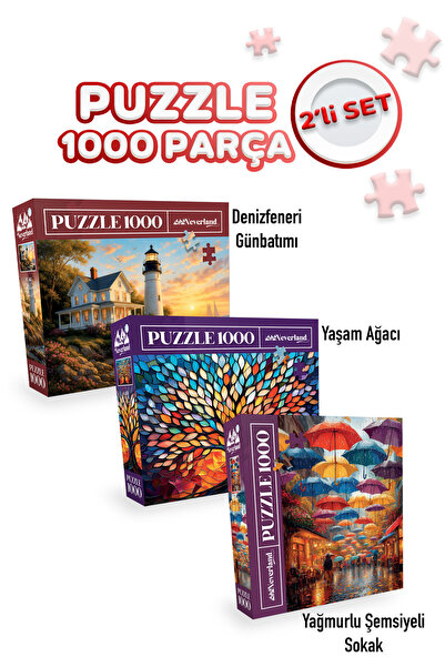 Neverland 3 ADET 1000 PARÇA PUZZLE DENİZFENERİ GÜNBATIMI VE YAĞMURLU ŞEMSİYEL...