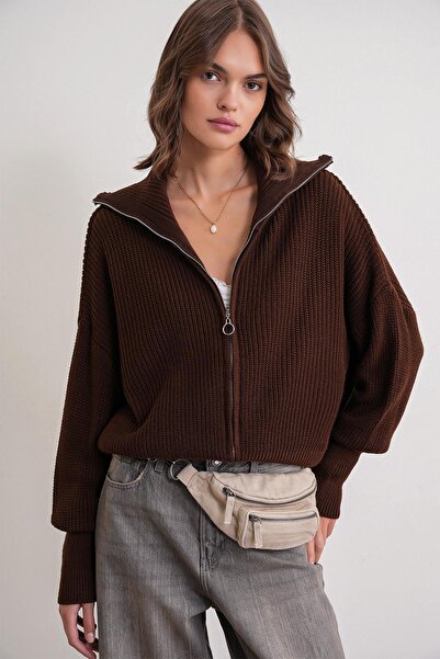 Mixray 6919 Women's Zippered Turtleneck Knit Cardigan Brown