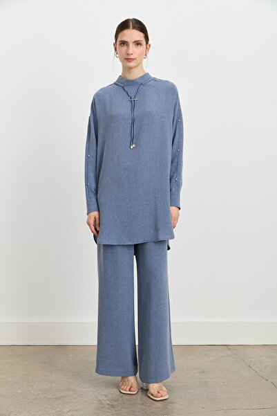Nihan Kol Detaylı Pantolon Tunik Takım İndigo