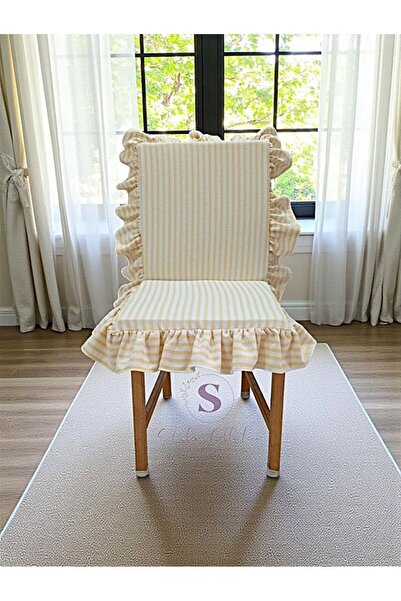 shules collection SARI ÇİZGİLİ BULDAN KETENİ ARKALIKLI FERMUARLI SANDALYE MİNDERİ