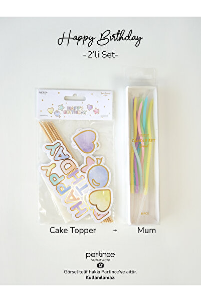 partince Happy Birthday Yazılı Pasta Süsü Cake Topper ve Spiral Mum Doğum Gün...