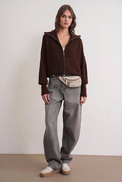 Mixray 6919 Women's Zippered Turtleneck Knit Cardigan Brown