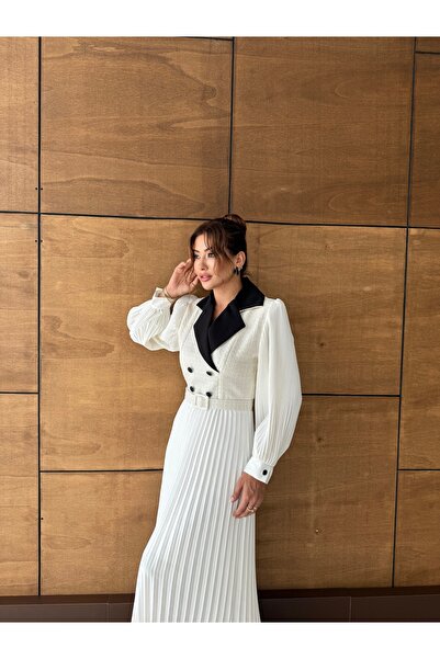 1Moda1Tarz Women's Imported Tweed Fabric Button Detailed Belted Lined Special Design Maxi Dress