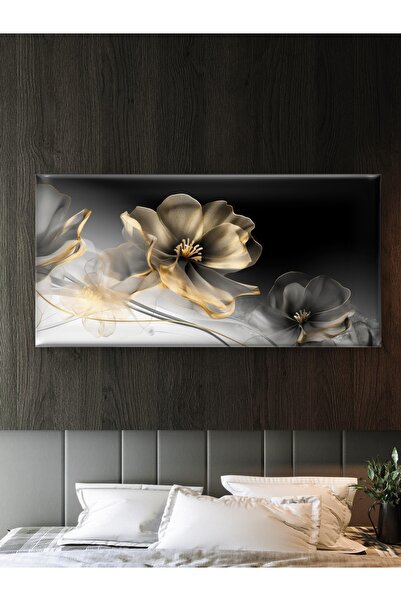 ESLEM SİYAH ALTIN DESENLİ ÇİÇEK BASKI KANVAS TABLO