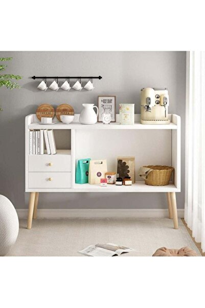 AGD Coffee Table with Storage and Two Drawers, Modern Side Cabinet, 100×35×80 cm, White