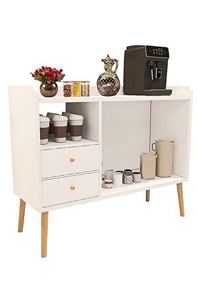 AGD Corner Coffee Table with Storage, Side Cabinet & Two Drawers, 100×35×80 cm, White
