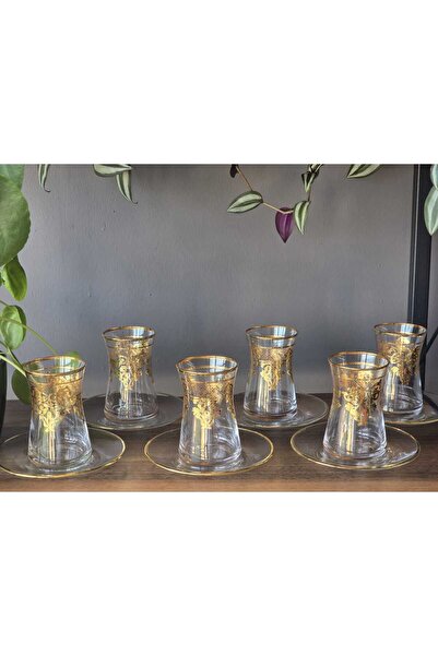 FERMATO El Yapımı Kristal Zomorot 24k Altın İşleme 12 Parça Sunumluk Çay Seti