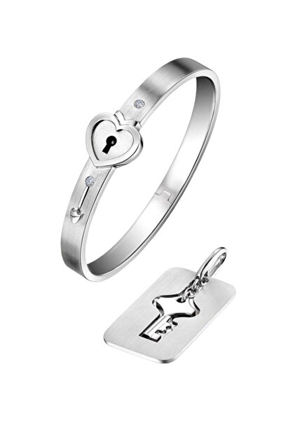HALAMODO Heart Lock Bracelet & Key Necklace Set in Stainless Steel