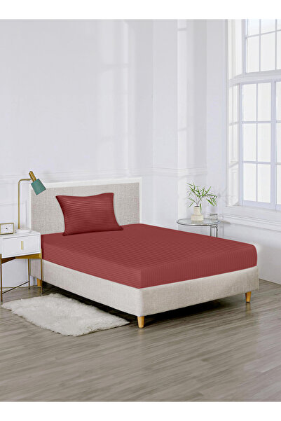 American Linen Single Striped Fitted Elastic Bedsheet with 1 Pillow Case 90 x 190 Cm Maroon
