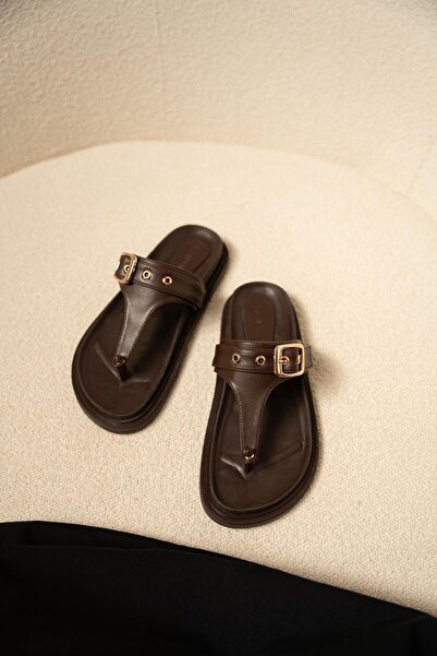 LamintaGlobal Nathex Light Brown Belt Detailed Thick Soled Women's Slippers