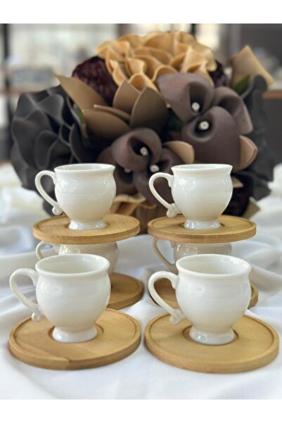 MD MİMOZA DEKOR Turkish Coffee Cup Lucia Bamboo Porcelain 6 Person Set 12 Pieces