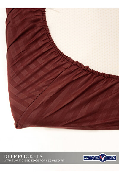 American Linen Queen Size Striped Fitted Elastic Bedsheet with 2 Pillow Cases 180 x 200 Cm (Maroon)