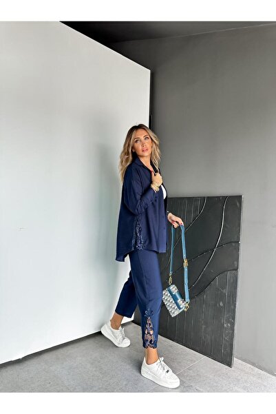 Zerrincan Giyim Lacivert Dantelli Gömlek Pantolon Takım