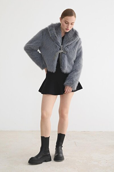 LEVURE Women's Garni Leather Bow Detailed Fur Gray