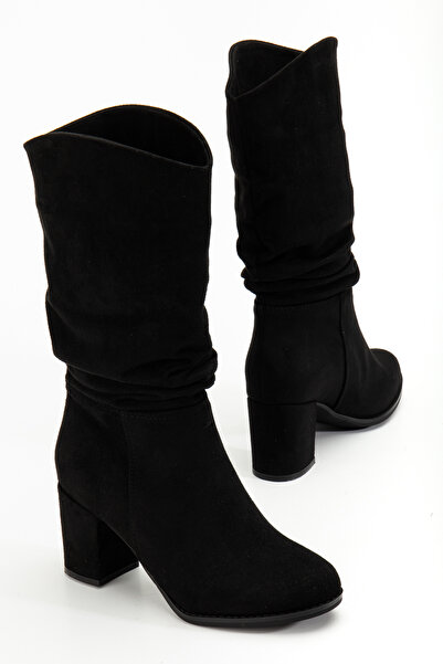 MARSEDO Dámské kozačky na silném podpatku s kulatou špičkou se stahovací šňůrkou pod kolena Tina Black Suede