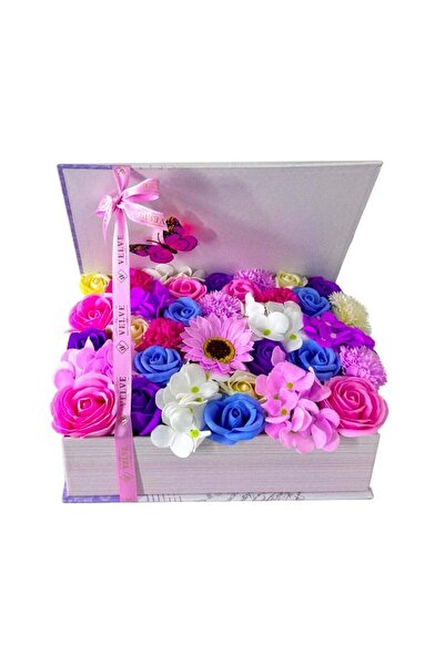 velve Aranjament floral Book,trandafiri,floarea soarelui,hortensie,garoafe de sapun,in cutie tip carte,Roz