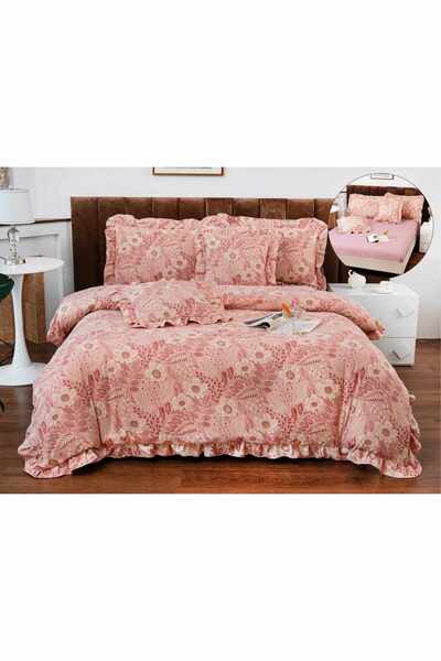 OEM Bed linen with ruffles, 2 persons, finet, 6 pieces, with elastic, beige, flowers, LELV109