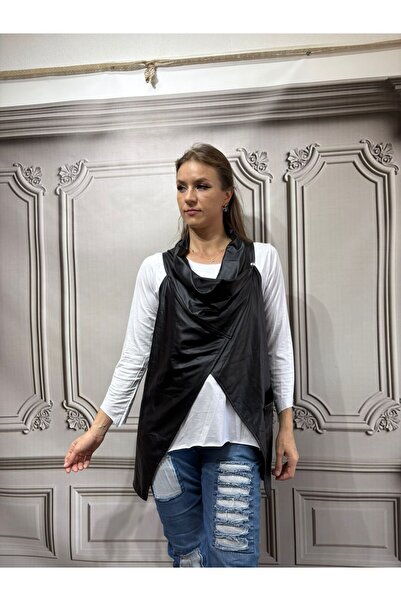 AGORATEKSTİL Women's Long Leather Vest and Cotton Blouse Set 2 Pieces