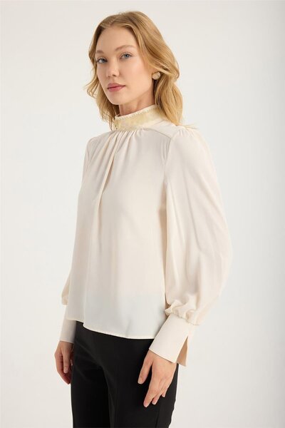 HomeStore Sequined Beaded Stand Collar Blouse
