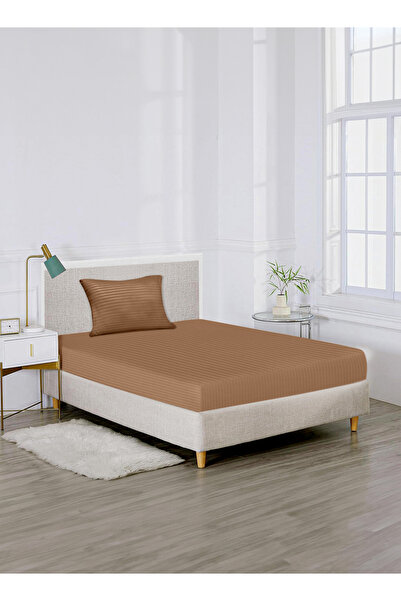 American Linen Single Striped Fitted Elastic Bedsheet with 1 Pillow Case 90 x 190 Cm (Brown)