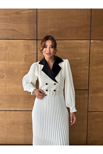 1Moda1Tarz Women's Imported Tweed Fabric Button Detailed Belted Lined Special Design Maxi Dress