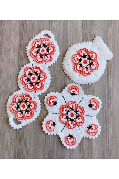 WIB TASARIM طقم مناشف مصنوعة يدويًا بنمط الزهور مكون من 3 قطع - برتقالي وأبيض