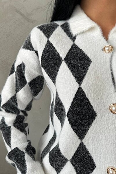 Ded COLLECTION Women's Colorful Diamond Patterned White Knit Cardigan with Gold Pearl Detail and Buttons