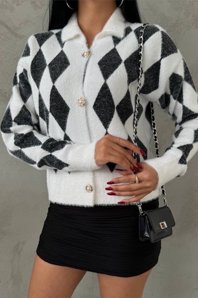 Ded COLLECTION Women's Colorful Diamond Patterned White Knit Cardigan with Gold Pearl Detail and Buttons